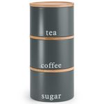 EHC Tea, Coffee, Sugar, Canister Set, Set of 3 Stackable Airtight Food Storage Easy to Open Storage Cansiters Jars Tin, Grey