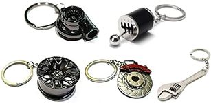 GT//Rotors Five Piece Auto Parts Metal Key Chain Set - Spinning Turbo Keychain, Six Speed Manual Gearbox Keychain, Wheel Tire Rim Keychain, Red Brake Rotor Keychain, Silver Wrench Keychain