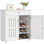 costoffs White Shoe Cabinet with Drawer, Modern Shoe Storage Cabinet Organizer with 2 Louvered Doors, Wooden 4-Tier Shoe Cupboard Shoe Rack with Adjustable Shelves for Entryway Hallway Bedroom Closet