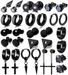 15 Pairs Earrings for Men, Black Stainless Steel Earrings Stud Kit for Men Women Fashion Piercing Jewelry Cross Dangle Hoop Earrings Set