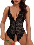 Minsera Women One Piece Lingerie Lace Bodysuit Deep V sexy Teddy Lingerie, Black, Small