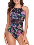 RELLECIGA Women's Black-Fuchsia Floral High Neck Mesh Splicing One Piece Swimsuit Size Large