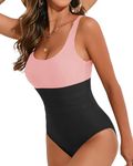 Cromi One Piece Swimsuit Women Tummy Control Bathing Suit Scoop Neck Square Back Black and Pink M