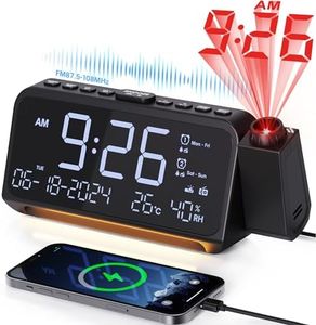 Mesqool Radio Réveil Projecteur de Plafond avec Projecteur 320°, Mode Jours Ouvrables/Week-End, 2 Alarmes, Chargeur USB de Type C, FM, Variateur d'intensité, Température, Humidité, Snooze, 12/24H