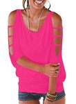 RANPHEE Women's Summer Hot Pink Cold Shoulder Three Quarter Sleeve Loose Fit Shirts(Hot Pink,XL)