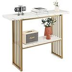 COSTWAY 2-Tier Console Table, Modern Faux Marble Narrow Hall Desk Sofa Side Table, 120cm Long Slim Display Accent Table for Entryway, Living Room, Bedroom and Foyer, White+Golden