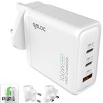 100W USB C Charger, qBLOC A100 Fast Charger USB C Plug, 3 Port USB Plug with Interchangeable Travel Charger EU/US Adapter GaN Charger 100w PD Charger for Macbook Air, Dell Laptop, iPhone 15 Tablets