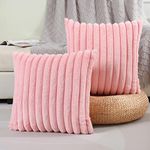 FUTEI Pink Striped Decorative Throw Pillow Covers 18x18 Inch Set of 2,Square Winter Decorations Couch Pillow Case,Soft Cozy Faux Rabbit Fur & Velvet Back,Modern Home Decor for Bed