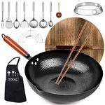 12.6'' Carbon Steel Wok Pan, KAQINU 14 Piece Stir Frying Pans Set with Wooden Lid & Cookwares, No Chemical Coated Flat Bottom Chinese Woks for Induction, Electric & Gas Stoves, Black