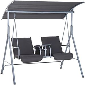 Outsunny 2 Person Porch Swing with Stand, Outdoor Swing with Canopy, Pivot Storage Table, 2 Cup Holders, Cushions for Patio, Backyard, Gray