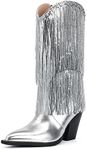 JIUHANG RHY ME Women's Fringe Western Cowboy Boots Metallic Cowgirl Boots Pointed Toe Mid Calf Boots Sparkly Boots, Silver, 10