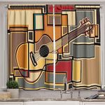 Ambesonne Music Decor Kitchen Curtains by Funky Fractal Geometric Square Shaped Background with Acoustic Guitar Figure Art Window Drapes 2 Panels Set for Kitchen Cafe 55 W X 39 L Inches Multi