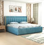 MODESTY WOODS Upholstered Queen Size Bed with Box Storage Solid Wood Fabric Bed Wooden Double Bed Cot Palang for Living Room Home Bedroom (Blue)