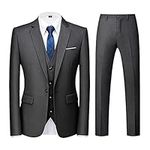 Men Suits 3 Piece Slim Fit Single Breasted One Button Lake Dark Grey Tuxedo Suit Blazer Waistcoat Trousers(Dark Grey,Larger)