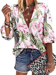 ZXZY Women Soft Dressy Floral Printed Button Down Tropical Hawaiian Shirt Blouse Tops, Green, Medium