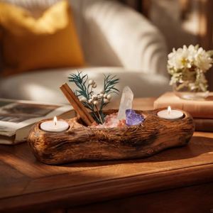 JLDTOP Tealight Holder with Natural Crystals, Spiritual Gift for Home Decor | Rustic Driftwood Resin Base with 7 Chakra Raw Stones, Quartz, Pink Salt, for Meditation, Yoga & Altar, Holiday Gift for Women