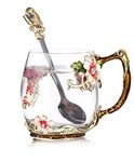 Luka Tech Handmade Enamel Butterfly Flower Glass Coffee Mugs Tea Cup with Spoon,Birthday Christmas Gifts for Her Women Mum Friends Teacher Valentines Mothers Day(Red)