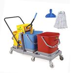 Carepure Three Bucket Mop Winger Trolley System for Hospital Cleaning | 3 Bucket Mop Wringer Trolley for Hospital Cleaning Free with Wet Mop Clip & Cotton Wet Mop Refill - 60 LTR