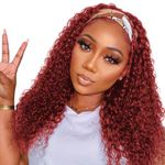 99J Burgundy Headband Wig Human Hair Deep Wave 16 Inch Red Colored Curly Headband Wigs for Black Women Human Hair Glueless None Lace Front Wigs Brazilian Virgin Hair Wig 150% Density