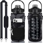 Us1984 2000Ml Sports Gallon Water Bottles With Sleeve, Motivational Water Bottle With Time Marker Gym Big Bottle, Straw & Handle, Leakproof Bpa Free Fitness Sports Bottle 2L (Black) - Plastic