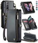 Defencase Galaxy Z fold 3 Case, Samsung Z fold 3 Case with Pen Holder Slot, RFID Blocking Samsung Galaxy Z fold 3 Wallet Case for Women Men with Card Holder Zipper Wrist Strap PU Leather Flip, Black