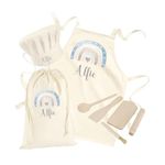 Personalised Kids Aprons For Boys Cooking Childrens Baking Gift Set Custom Apron Kids Cooking Utensils Wooden Tools Blue Rainbow Age 3-8 Toddler