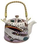 Purpledip Ceramic Kettle 'Carnival': Large 850 ml Tea Coffee Pot, Steel Strainer Included (10144)