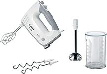 Bosch ErgoMixx MFQ36470 Hand Mixer, 2 Whisks, 2 Stainless Steel Dough Hooks, Stainless Steel Mixing Base, Mixing Cup, 5 Levels Plus Turbo Level, 450 W, White/Grey