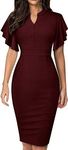 (6, Burgandy) - HOMEYEE Womens Flounce Sleeve Office Work Party Pencil Dress B572