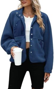 Yanekop Womens Fleece Jacket Fuzzy Long Sleeve Short Coats Button Down Sherpa Outerwear with Pockets(A Dark Blue,S)