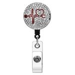 Soleebee Nurse Badge Reel, 24'' Retractable Badge Holder with Swivel Alligator Clip Bling Rhinestone ID Badge Holder for Nurse Doctor Teachers Students Heart Rate Badge Holder (White)