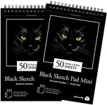 Art-N-Fly Black Sketch Pad Mini 5.5x8.5" 2 Pack - Black Paper Sketchbook for Drawings, Perforated Edge on Spiral 100 Sheets Total - Art Sketch Book for Coloured Pencils, Graphite, Pastels & Gel Pens