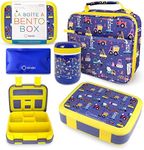 Bento Box with Thermal, Insulated Lunch Bag, & Ice Pack Set for Kids or Toddlers. Stainless Steel Food Jar, 5 Compartment Lunch-Box for Pre-School or Daycare, Blue Yellow Trucks