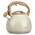 Hauce Radio Tea Kettle Stovetop Teapot, 2.5 Quart Loud Whistle Food Grade Stainless Steel and Smooth Wood Pattern Handle, Sophisticated Look for Hiking, Picnic, for Tea, Coffee Milky White