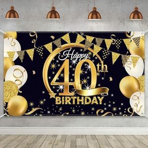 40th Birthday Party Decoration, Extra Large Fabric Black Gold Sign Poster for 40th Anniversary Photo Booth Backdrop Background Banner, 40th Birthday Party Supplies, 72.8 x 43.3 Inch