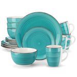 vancasso Bella Dinner Set for 4, Stoneware Plate Bowl Set Handpainted Tableware, 16 Piece Turquoise Dinner Service with Dinner Plate/Dessert Plate/Cereal Bowl/Mug, Rustic Chic Style