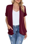 HIYIYEZI Women’s Lightweight Kimono Cardigans Loose Fit Short Sleeve Thin Beach Cover Up with Slouchy Pockets (Medium, Wine Red)