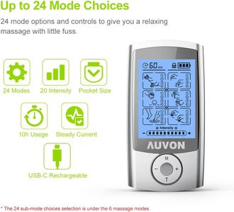 AUVON Rechargeable TENS Machine Muscle Stimulator – 24 Modes, 8 Pads