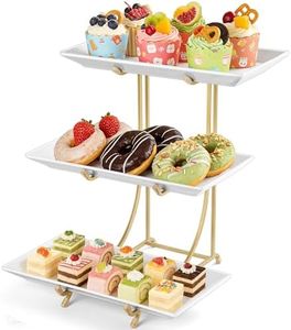 Yedio 3 Tier Serving Tray Set – 12 Inch Porcelain Serving Platters with Pre-Assembled Gold Metal Stand, No Installation Required, Tiered Tray for Dessert Fruit Food Display and Party Entertaining