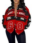Angsuttc Varsity Jacket Women Motorcycle Race Car Marathon Jackets Casual Vintage Letterman Baseball Coats Red M