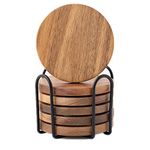 Acacia Wood Coasters Set of 6 with Holder, Wooden Coasters for Glasses Drinkings Coffee Table Desk Round with Non-Slip Pad Cup Coasters for Home Office Christmas Decor 4 Inch …