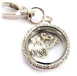 MUM In Memory Keyring. Real White Feather Inside Floating Locket Key Chain, Round Silver Colour Handbag Charm, Trinket. Angel, Wing, Rose, Love Charms. Sympathy gift