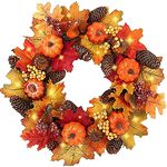 Autumn Wreaths, 40cm/15.7inch Fall Maple Leaf Pumpkin Berry Garland Artificial Flower Wreath Front Door for Halloween Christmas Thanksgiving Wall Home Decoration (With Light)