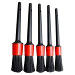 MF Auto Detailing Brush Set，5 Different Sizes Premium Natural Boar Hair Mixed Fiber Plastic Handle Car Cleaning Tools Kit for Automotive Wheels, Dashboard (Black & red)