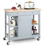 COSTWAY Mobile Kitchen Island, Rolling Storage Trolley with Adjustable Shelf, Rubber Wood Tabletop, Drawers & Lockable Wheels, Serving Utility Cart for Home Dining Room Restaurant (Grey, 99x46x90cm)