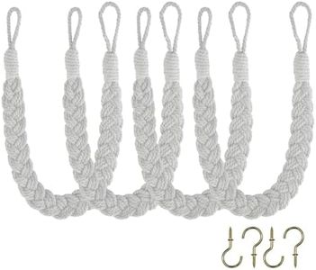 Home Queen Hand Braided Curtain Tie Back, Buckle Holdback Drapery Curtain Tiebacks, 4 Rope Cotton Belt Curtain Tie with 4 Metal Hooks, White