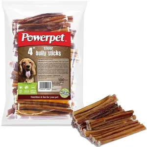 Powerpet 100% Natural Steer Stick (Bully Stick) - Odorless, High Protein, Low Fat, Healthy Dog Treats, Long-Lasting Chews, Highly Digestible, Cleans Teeth, Treats for All Breeds & Sizes, 4" - 100 Pack