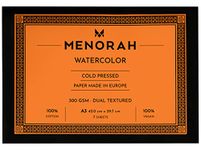 MENORAH – A3 – 300 GSM- 100% Cotton Water Color Paper- Artist Sketchbook – Loose Sheets Pad- (29.7 cm x 42.0 cm)- (7 Sheets / 14 Pages) – Ideal for Acrylic, Gouache, Watercolour, Pen Art, Pencil- Glued End pad