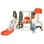GYMAX Toddler Swing and Slide Set, 6 in 1 Children Climber and Swing Set with Adjustable Basketball Hoop, Football Gate & Golf Hole, Kids Playground Activity Centre for Indoor (Dinosaur)