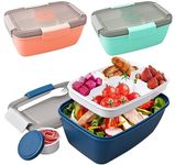 3 Pack Bento Box Adult Lunch Box, 68 oz Large Salad Lunch Container with Extra Dressing Cup, Stackable 5-Compartment Tray Lunch Bento Box for Work School Picnic (Blue + Green + Pink)